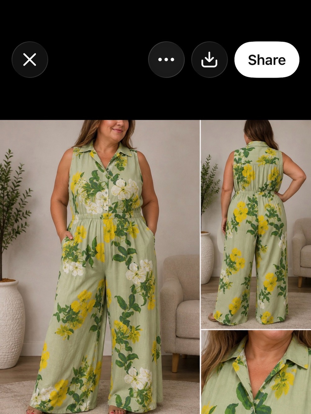 LuLaRoe Light Green Floral Wide-Leg Jumpsuit with Yellow & White Blooms
64